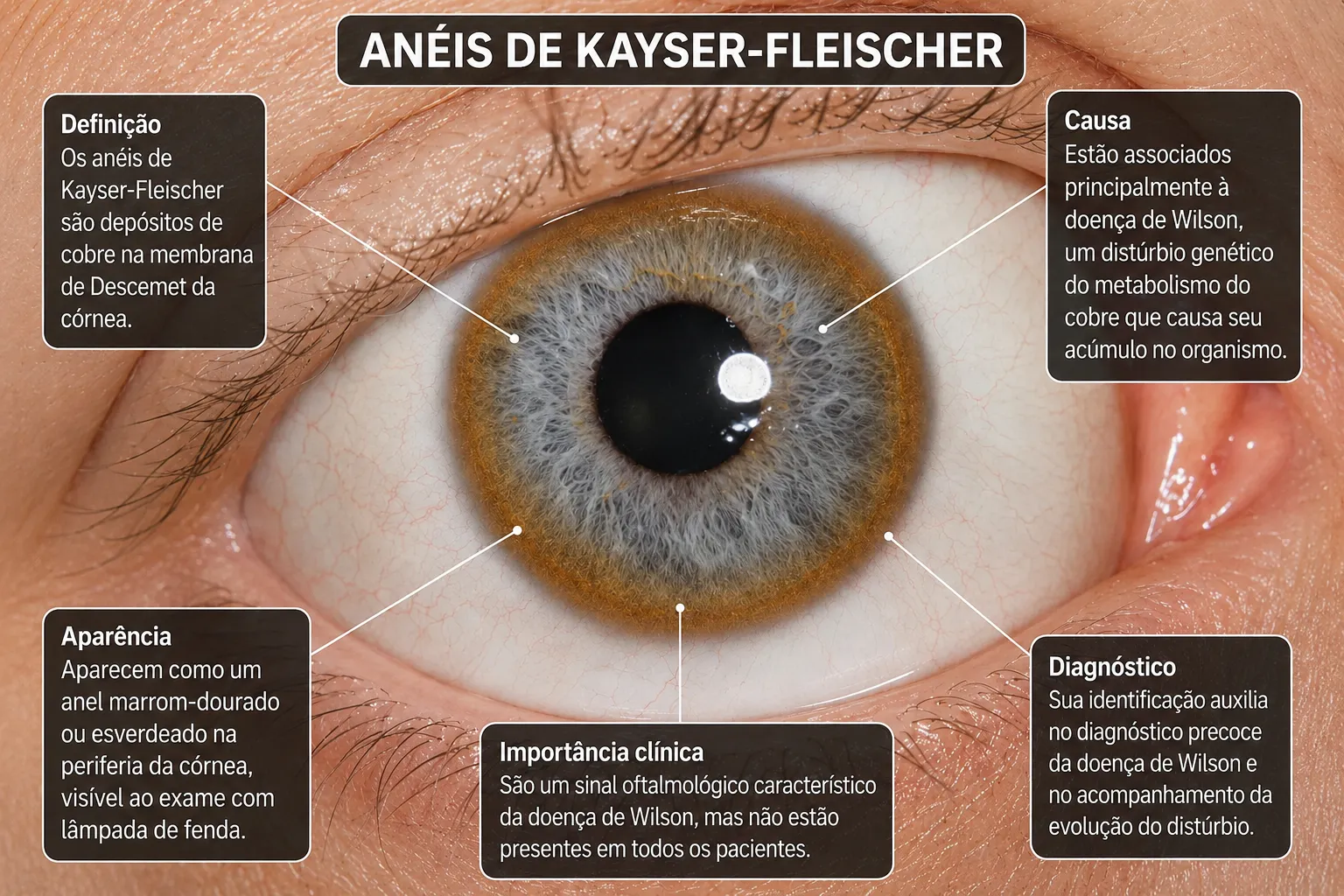 Infográfico dos anéis de Kayser-Fleischer sobre olho com anel marrom-dourado periférico