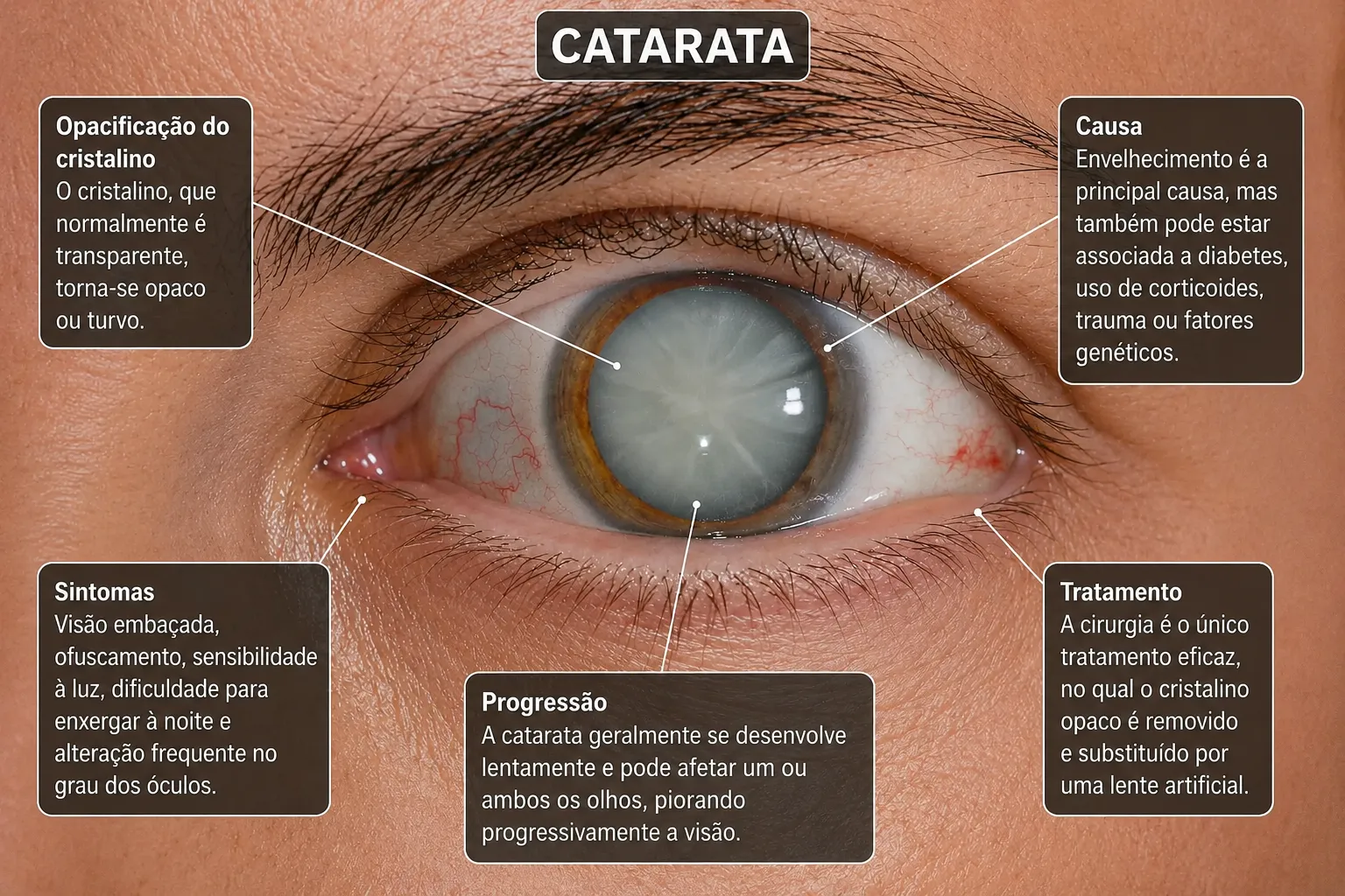 Olho com catarata: pupila acinzentada pela opacidade do cristalino