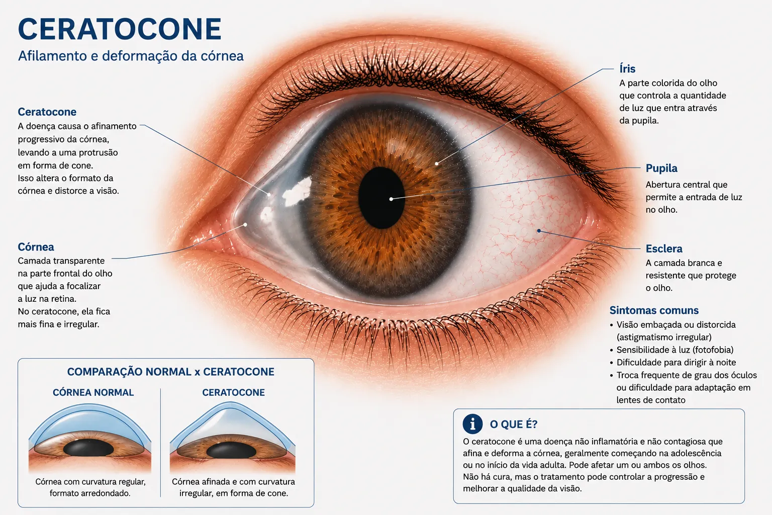 Esquema frontal do olho com córnea, íris, pupila e esclera rotuladas e comparação de perfil córnea normal x ceratocone
