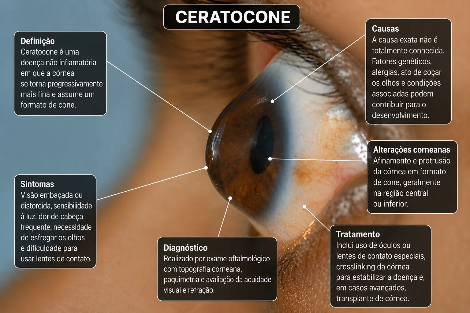Infográfico: olho em perfil com a córnea projetada em cone, com quadros explicativos
