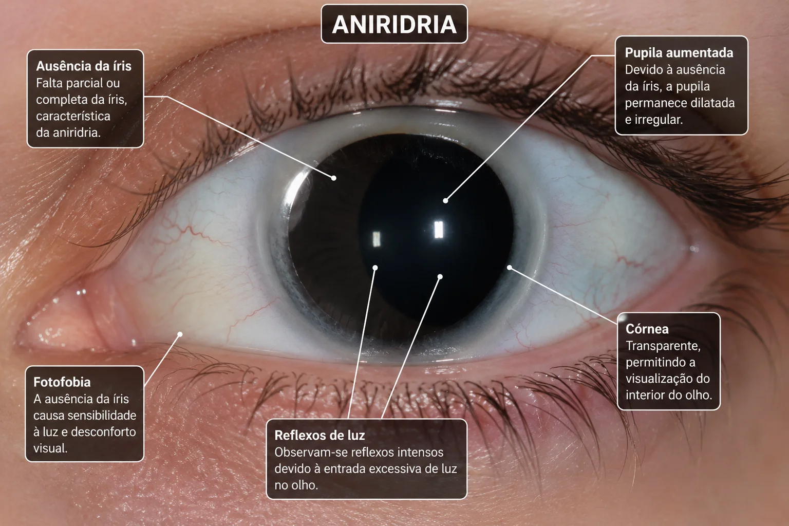 Infográfico: olho com área escura central quase até o limbo, sem anel de íris visível