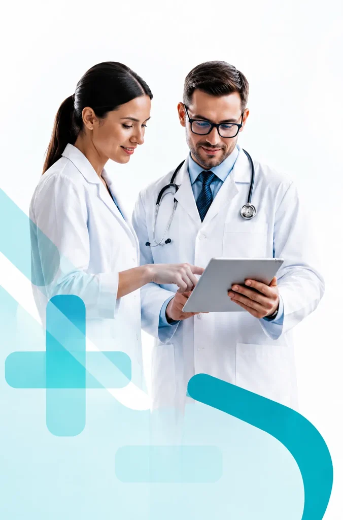 Profissionais de saúde consultando a MedFoco em um tablet