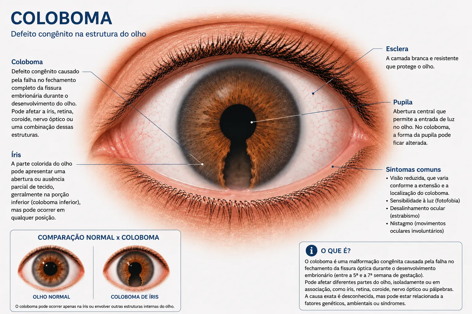 Esquema do olho com coloboma de íris inferior e comparação com olho normal
