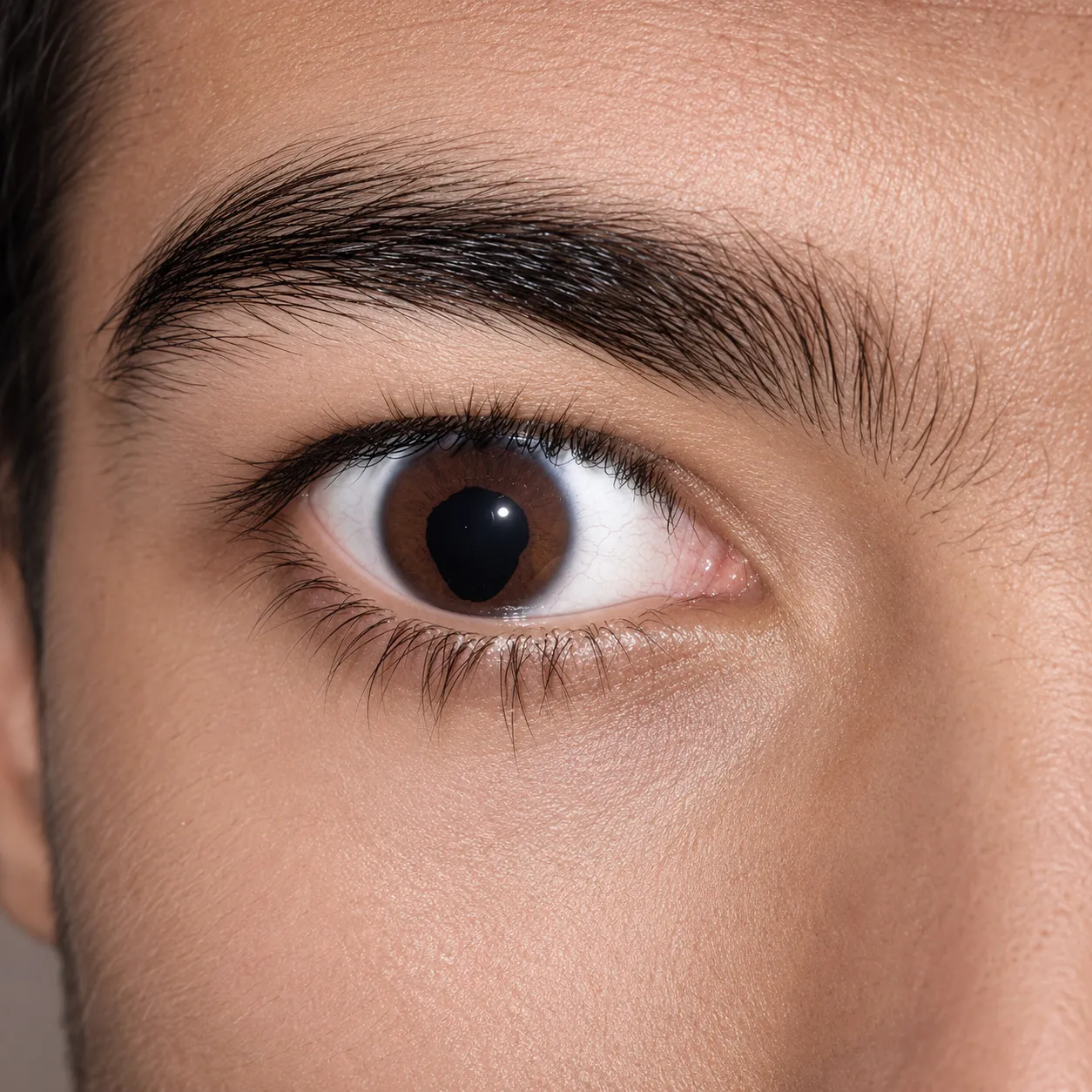 Íris castanha com pupila levemente alongada para baixo (coloboma incompleto)
