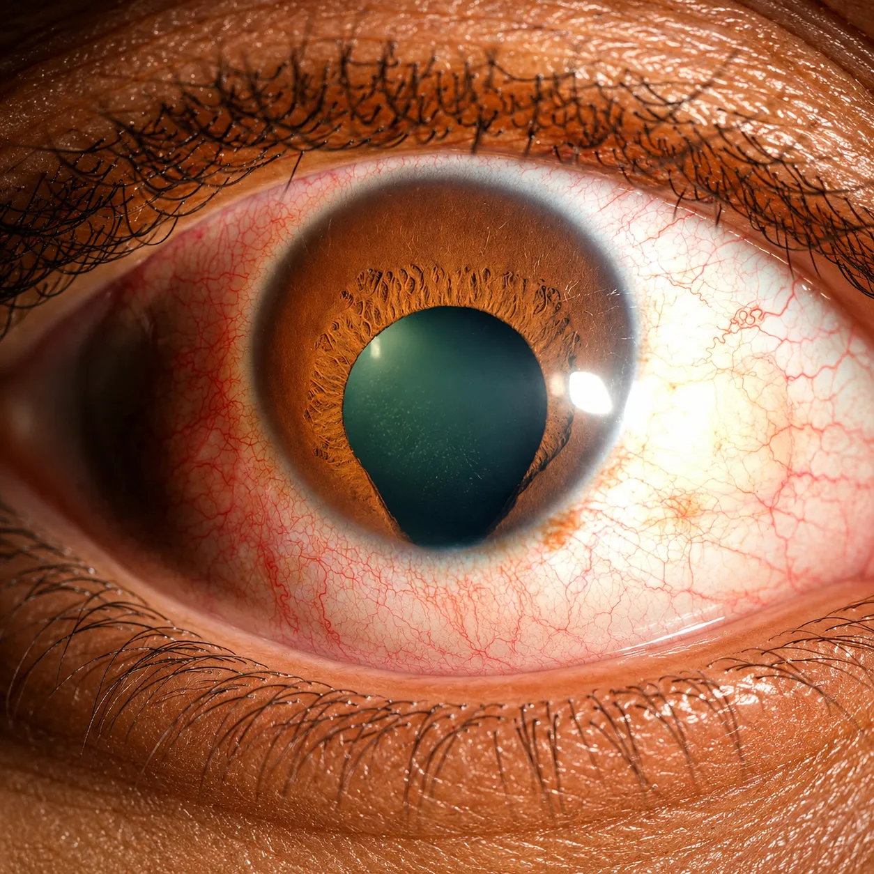 Pupila em gota invertida em olho com hiperemia conjuntival