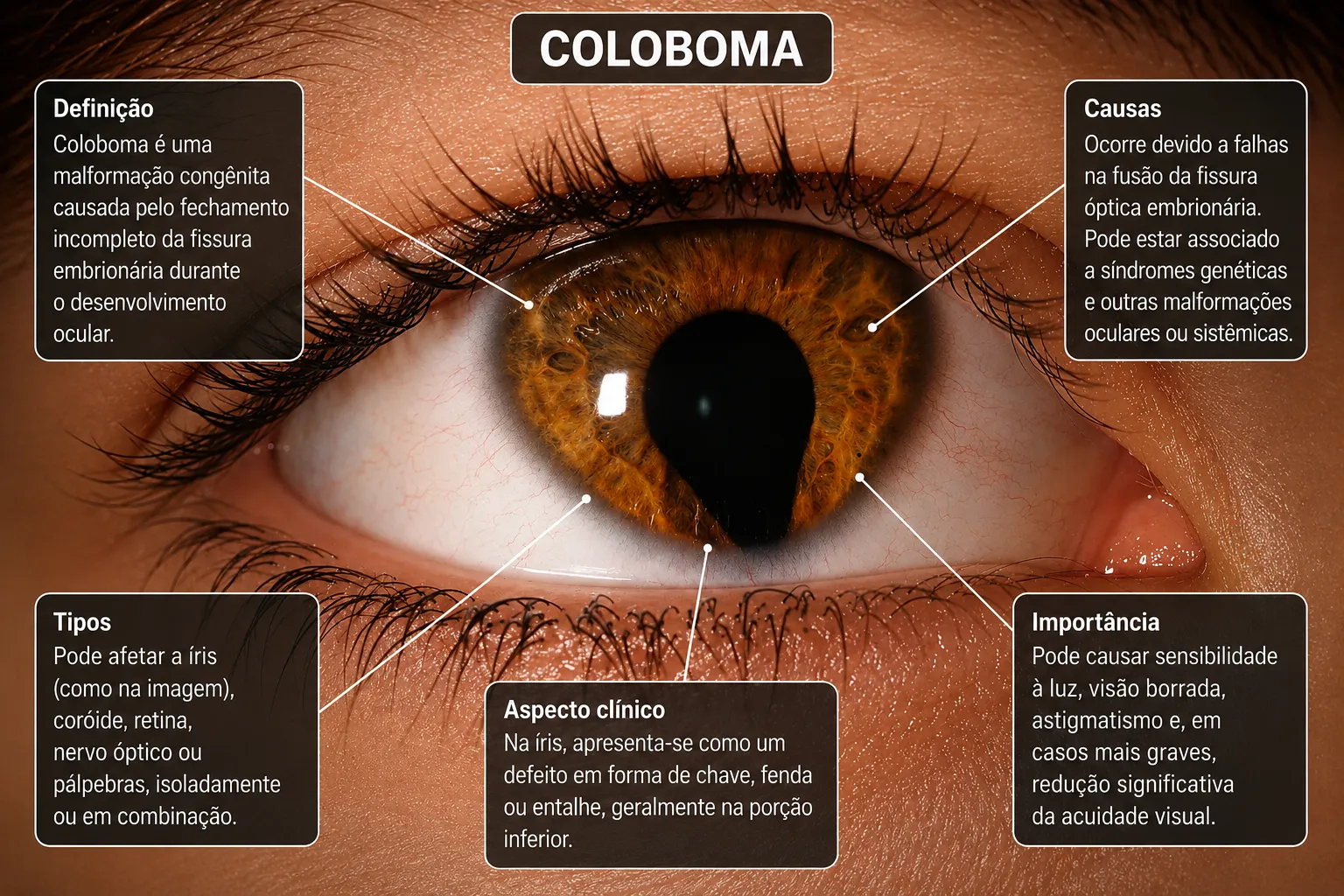 Infográfico do coloboma de íris sobre fotografia de olho com pupila em buraco de fechadura