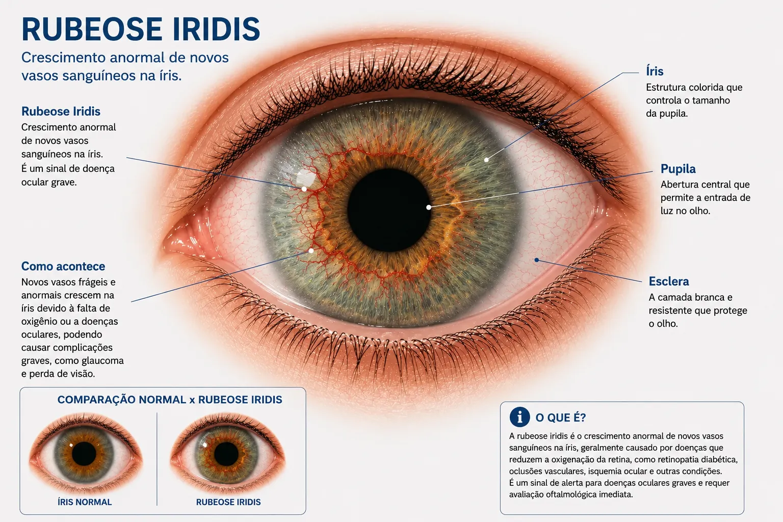 Esquema frontal do olho com neovasos na íris, pupila e esclera rotuladas, com comparação íris normal x rubeose