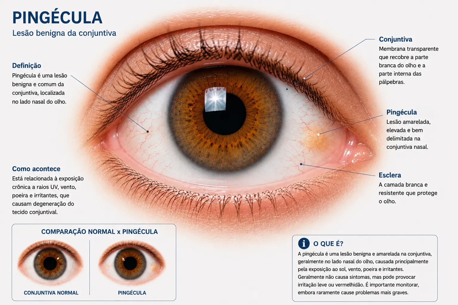 Esquema rotulado do olho mostrando conjuntiva, esclera e pinguécula nasal, com comparação normal x pinguécula
