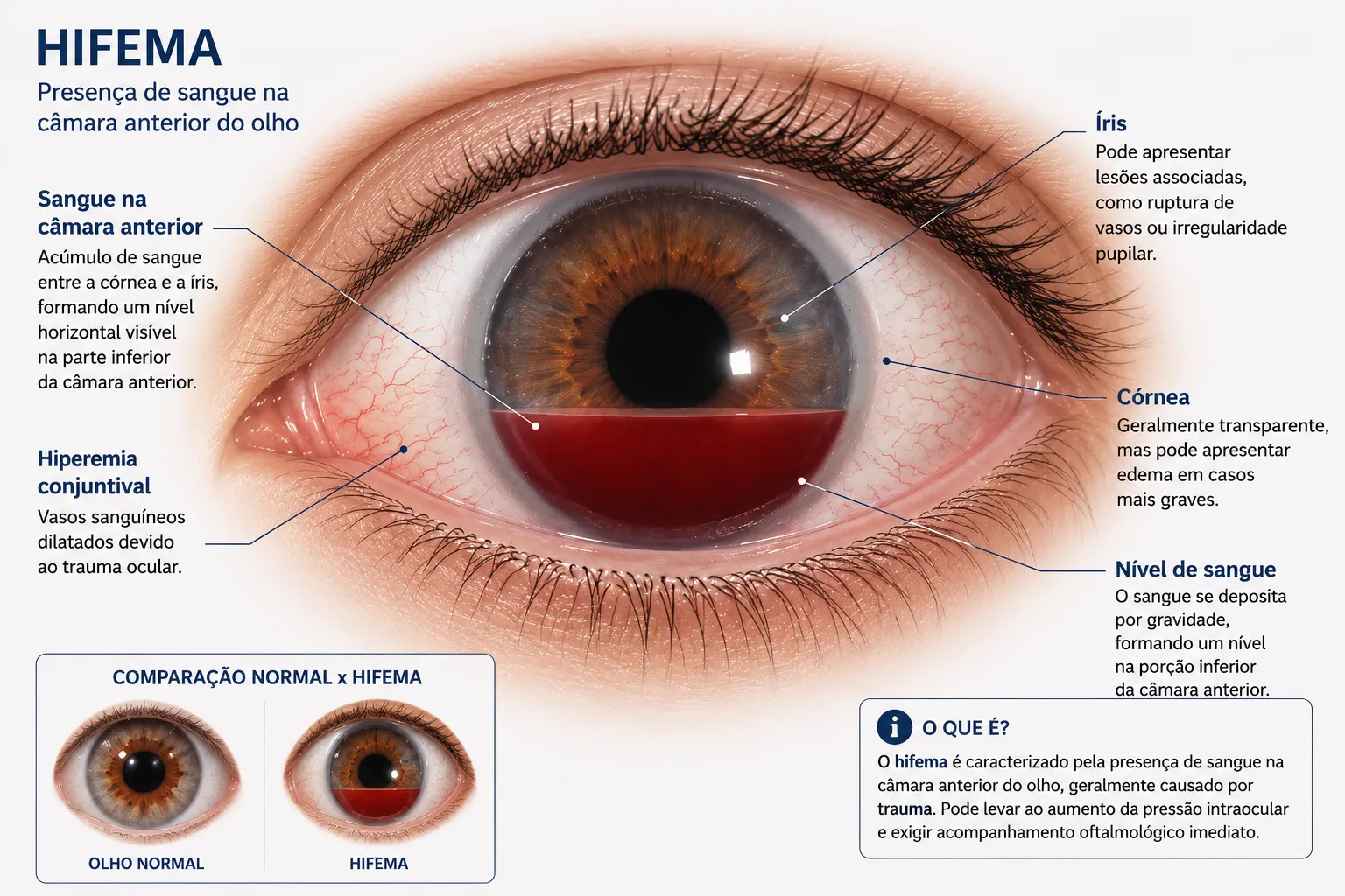Esquema frontal do olho com hifema em nível, hiperemia conjuntival, íris e córnea rotuladas