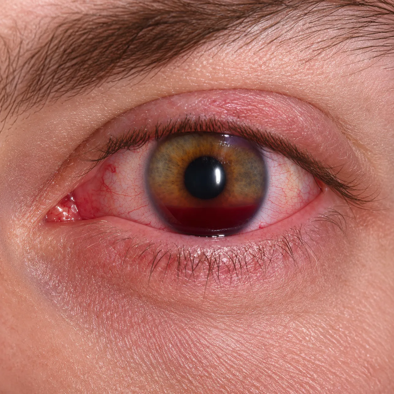 Hifema com nível horizontal inferior, abaixo da pupila, e hiperemia conjuntival