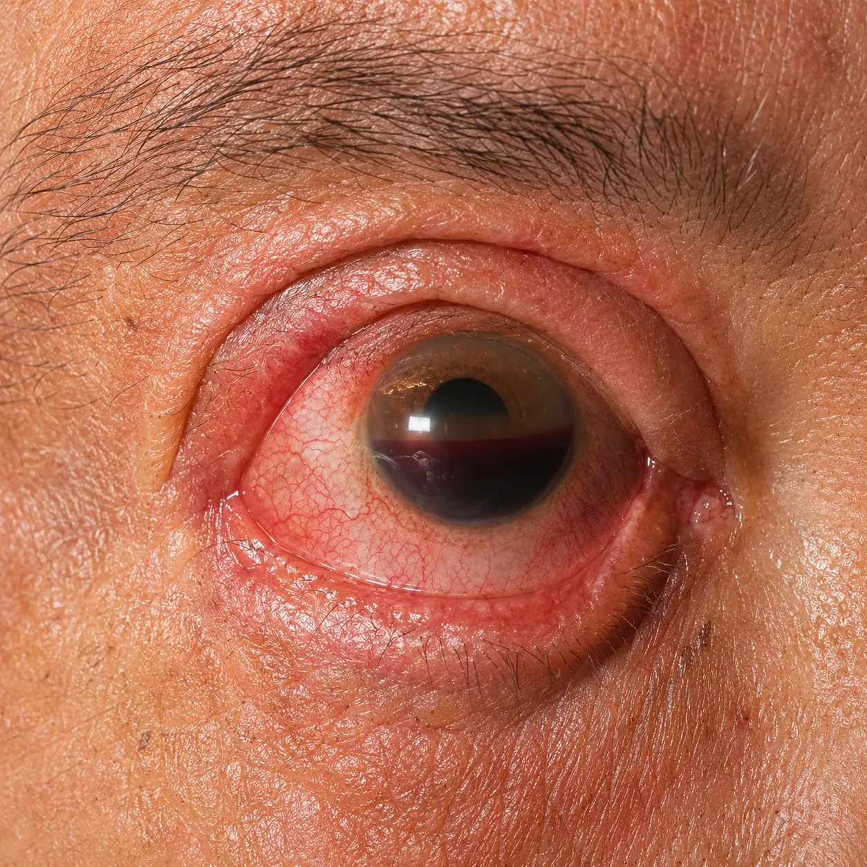 Hifema ocupando cerca de metade inferior da câmara anterior com hiperemia intensa