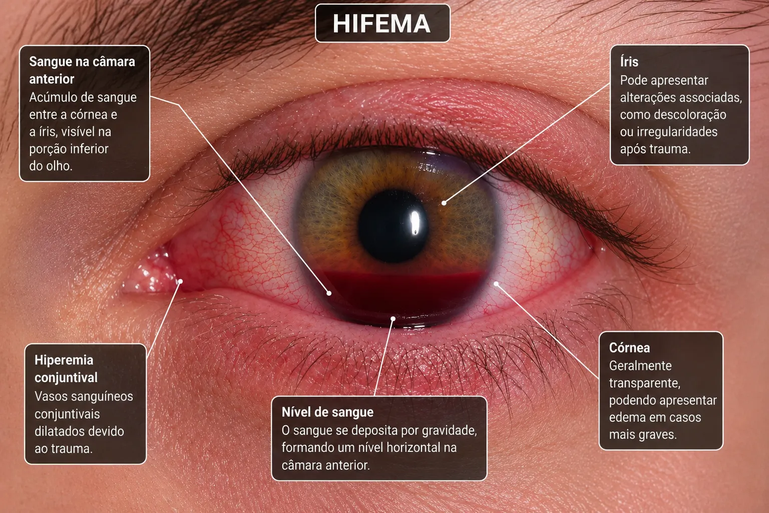 Infográfico: olho vermelho com sangue na parte inferior da câmara anterior formando nível horizontal