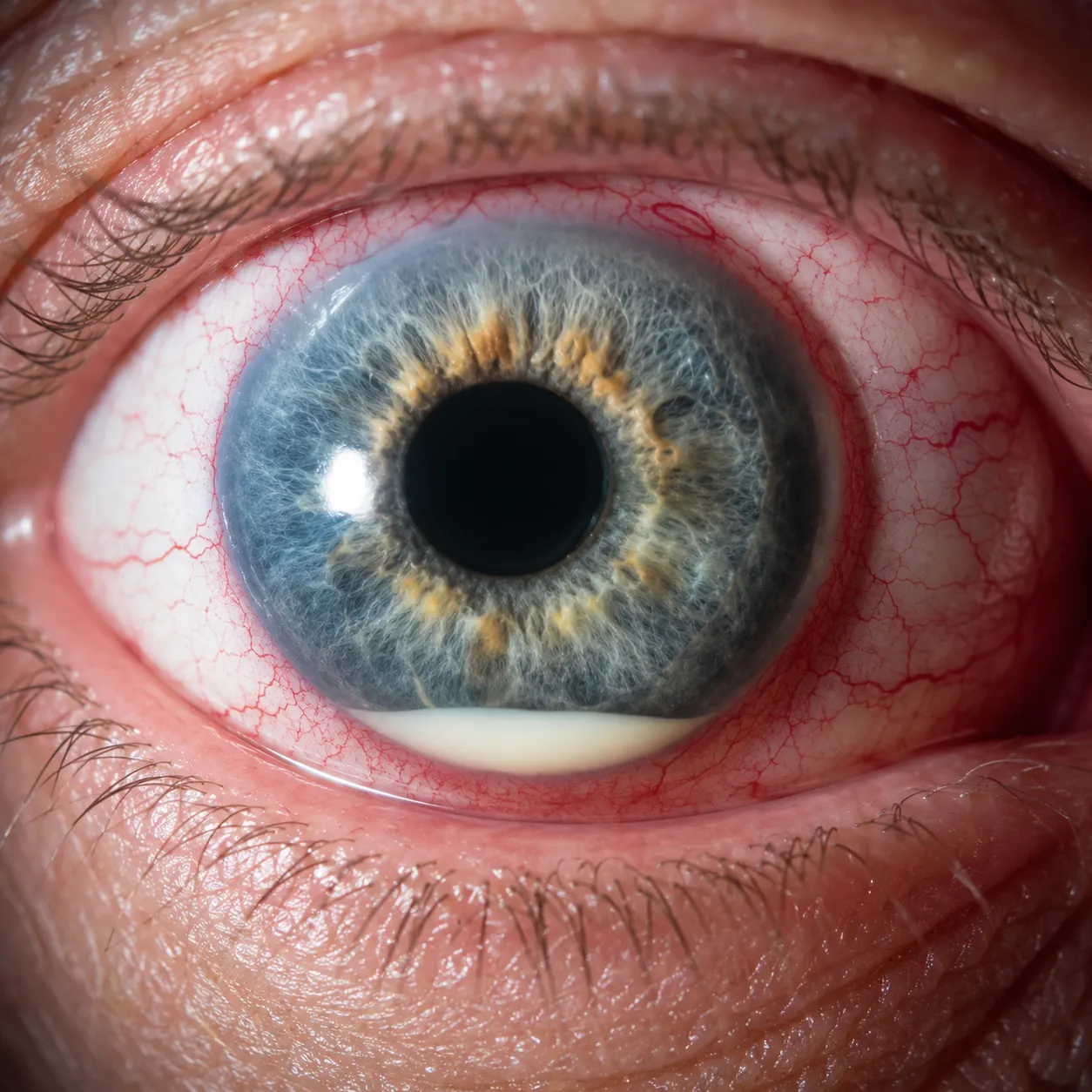 Íris azul com nível branco liso de hipópio e injeção ciliar