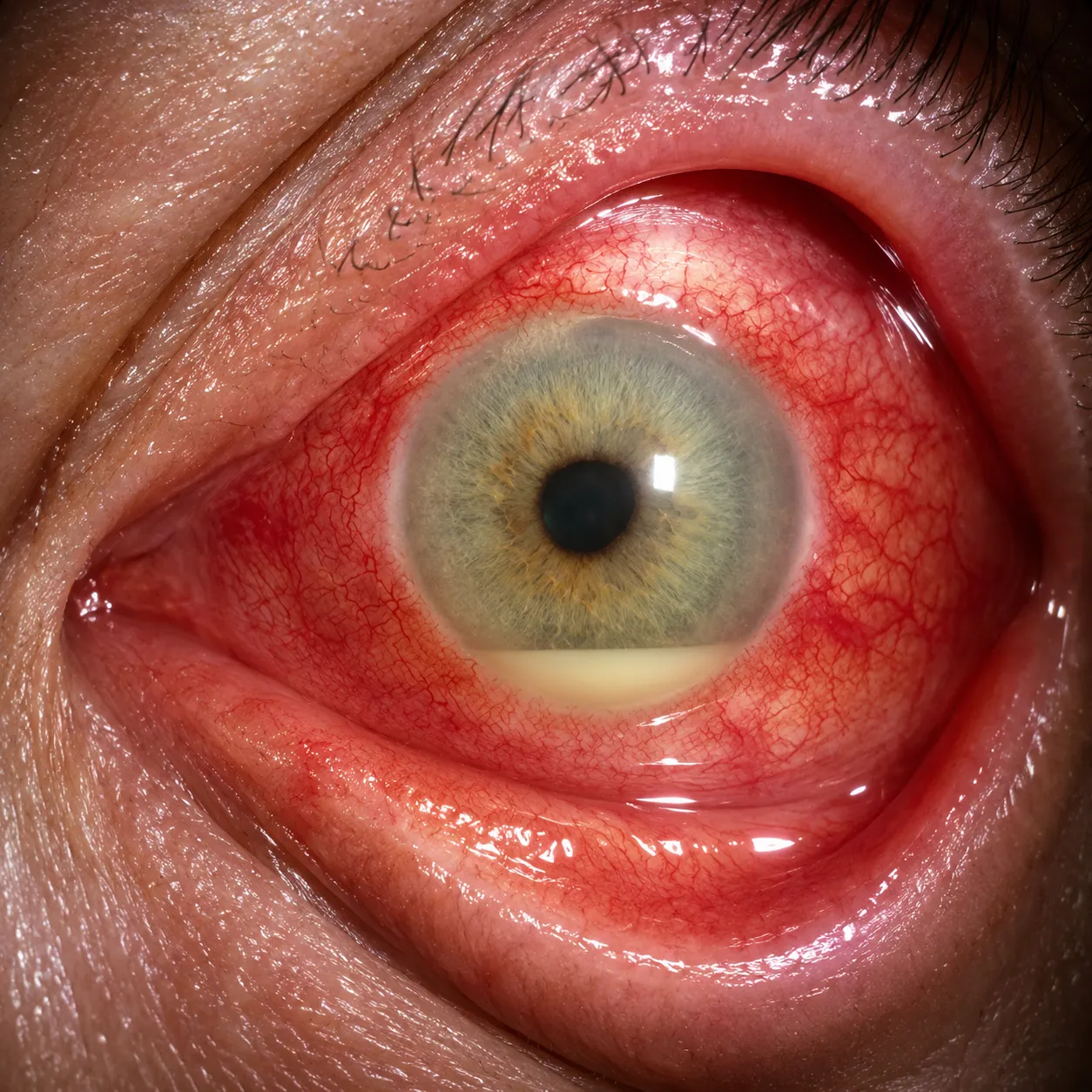 Olho com hiperemia intensa, quemose e nível amarelado na câmara anterior