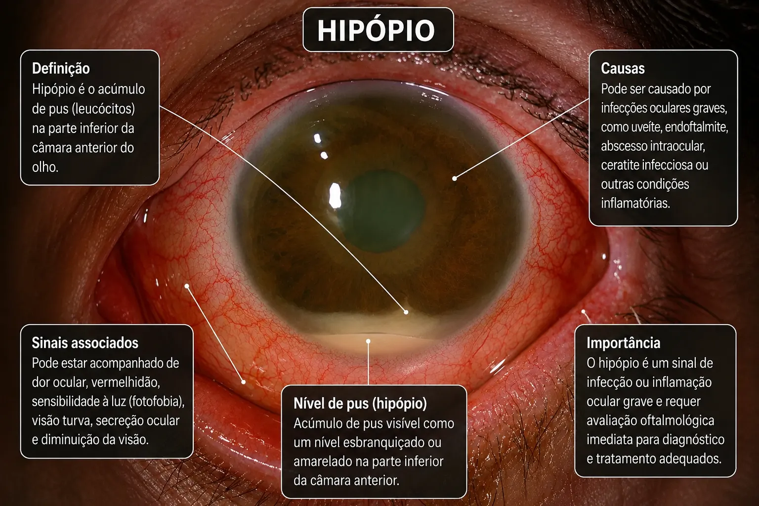 Infográfico do hipópio sobre olho vermelho com nível branco na câmara anterior