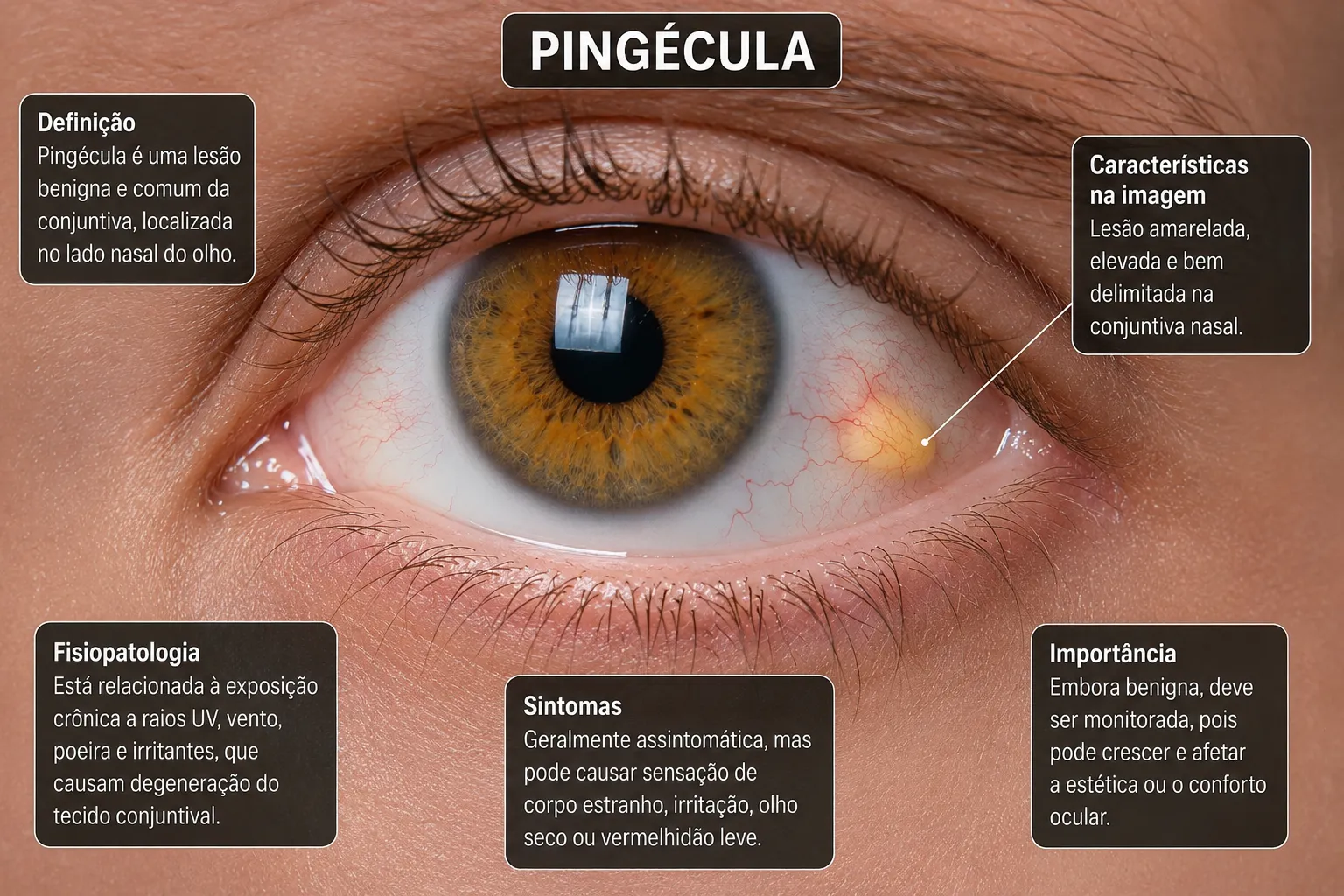 Infográfico: olho com pinguécula amarelada na conjuntiva nasal, com quadros explicativos