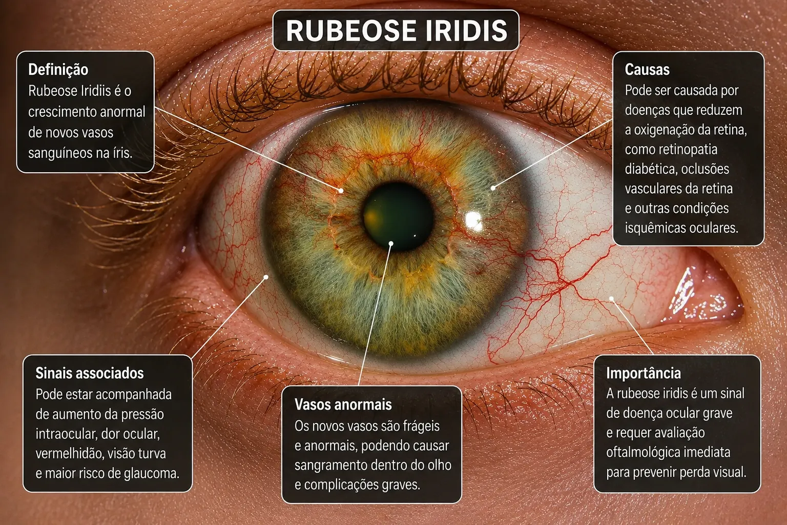 Infográfico: íris verde com neovasos vermelhos finos ao redor da pupila e conjuntiva hiperemiada