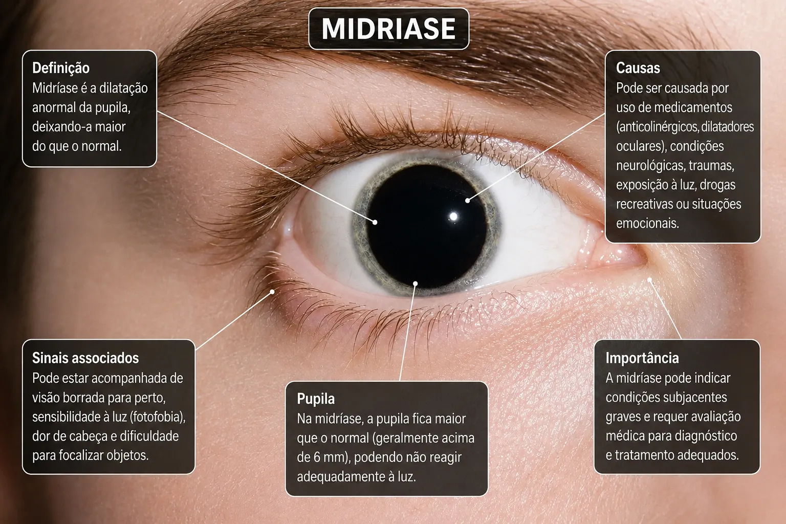 Infográfico da midríase sobre fotografia de olho de íris cinza com pupila muito dilatada