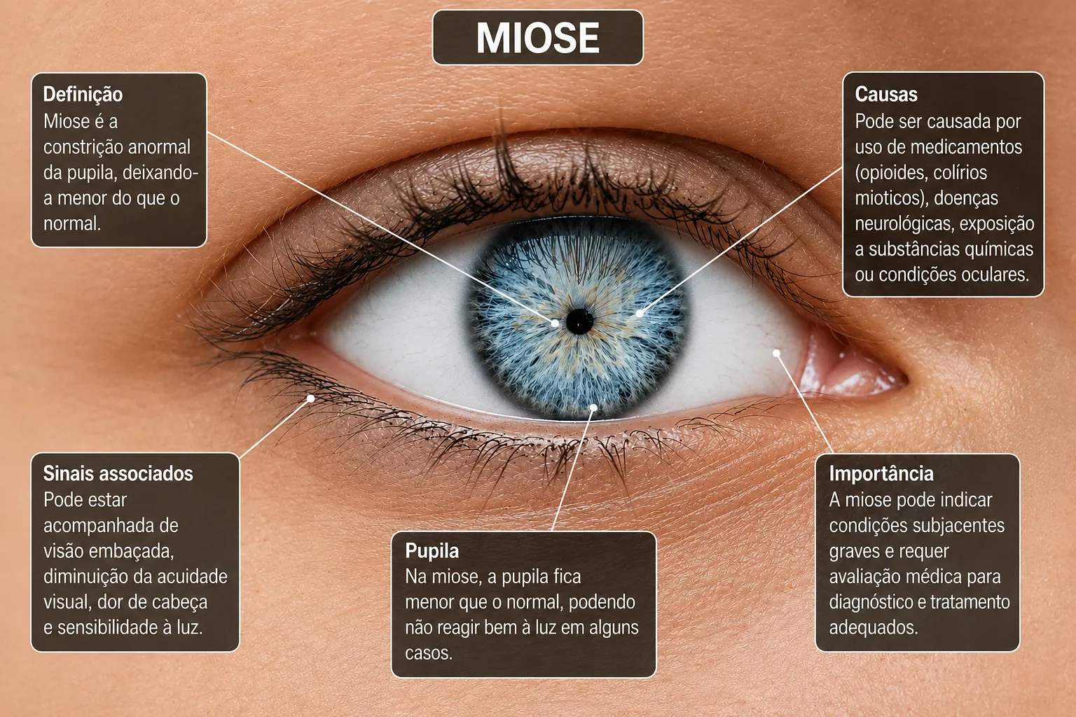 Infográfico da miose sobre fotografia de olho com pupila contraída