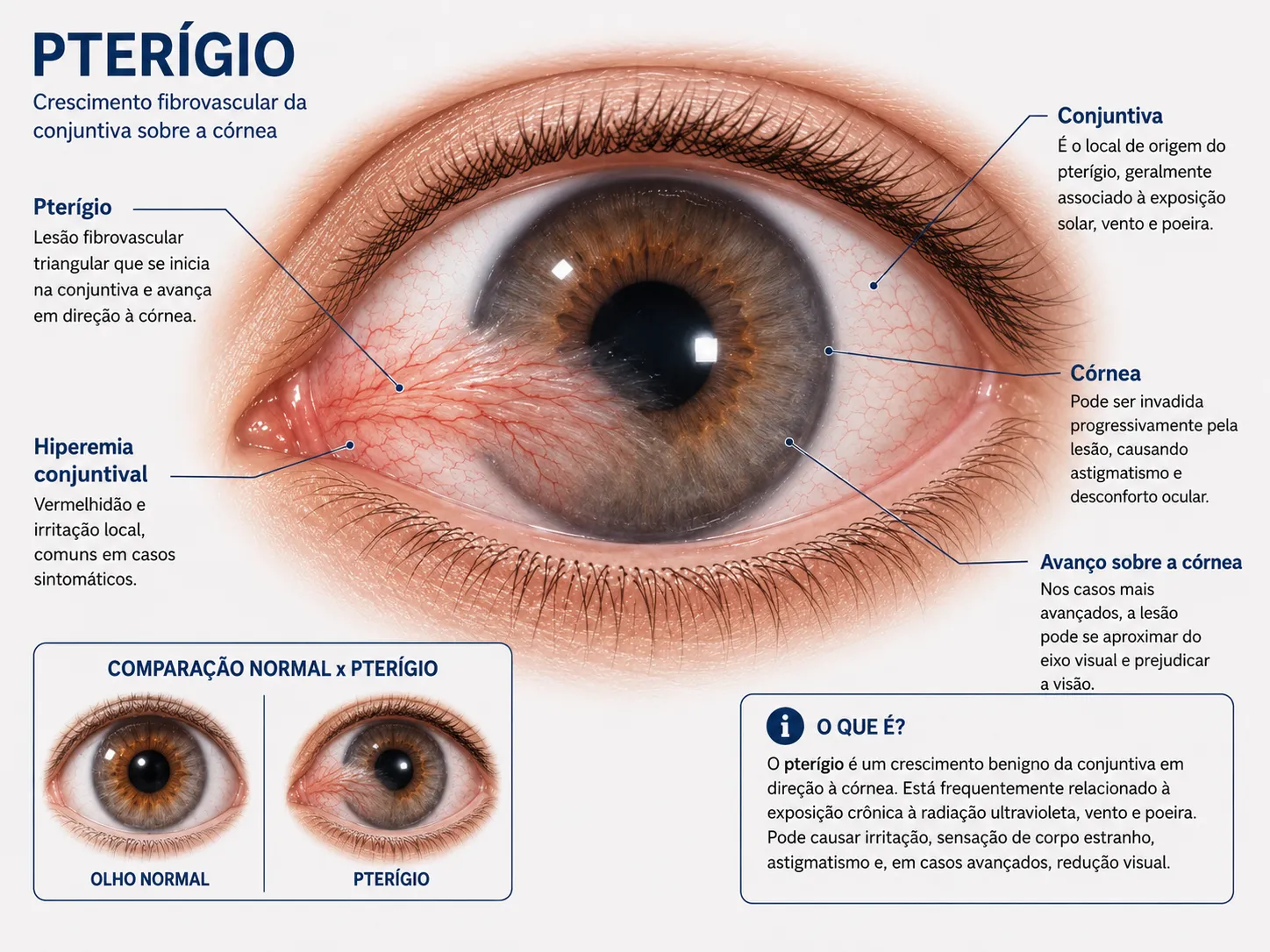 Esquema rotulado do olho com pterígio nasal, conjuntiva, córnea e hiperemia, com comparação normal x pterígio