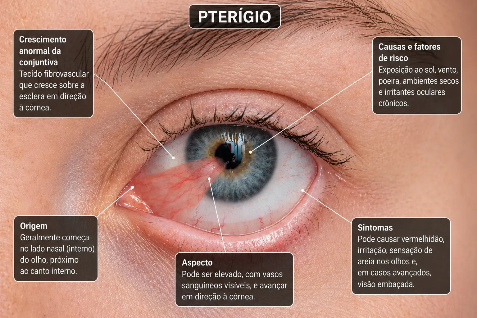 Infográfico: pterígio nasal avermelhado avançando sobre a córnea até a área pupilar, com quadros explicativos