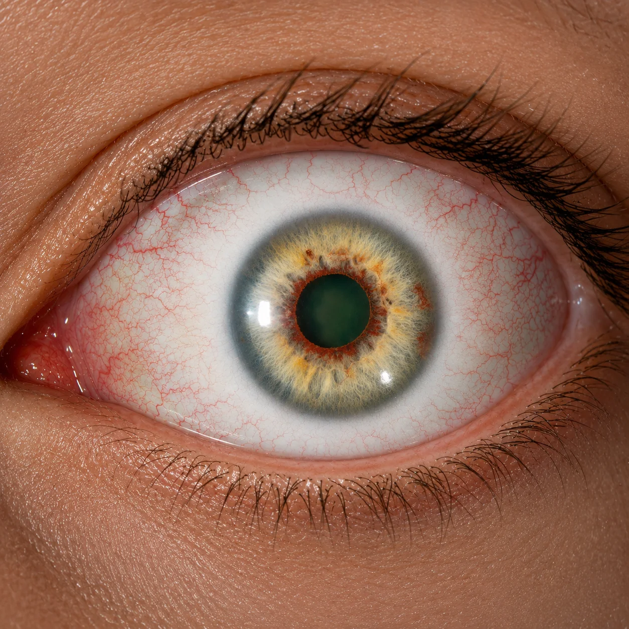 Tufos vasculares avermelhados na margem pupilar com hiperemia conjuntival
