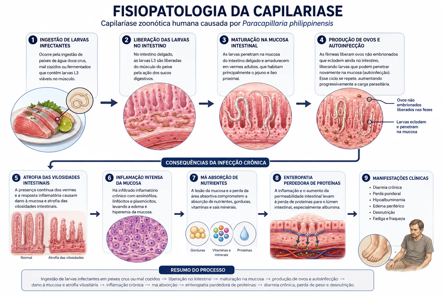Peixe → intestino → autoinfecção; solo → fígado → granuloma