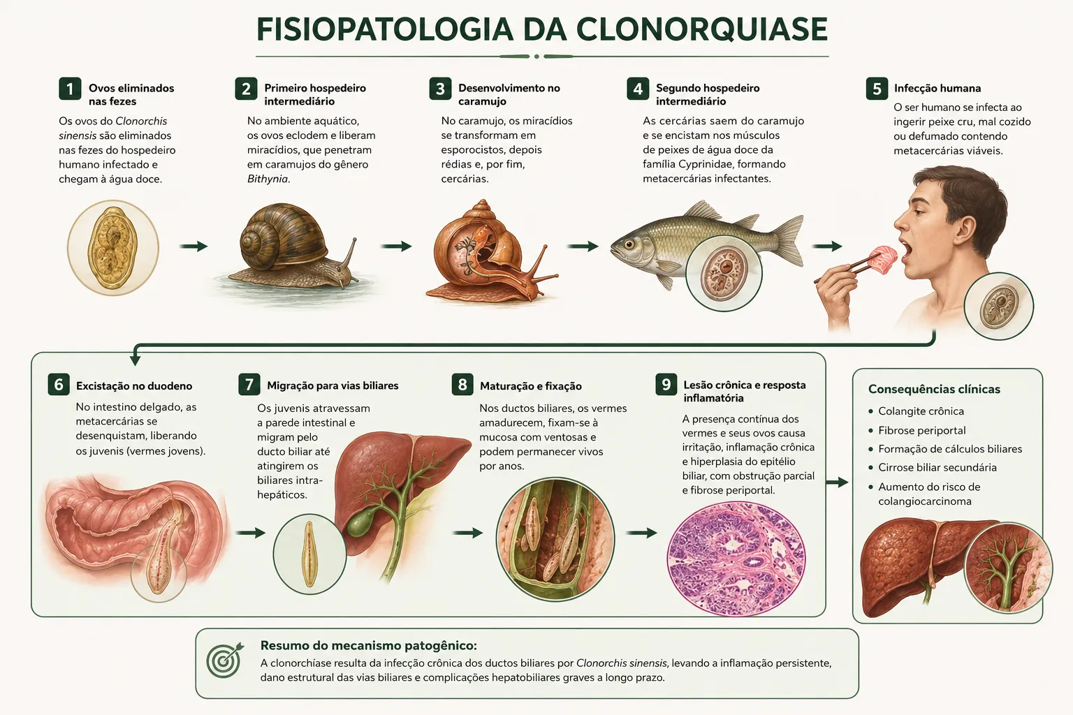Fezes → caramujo → peixe → humano