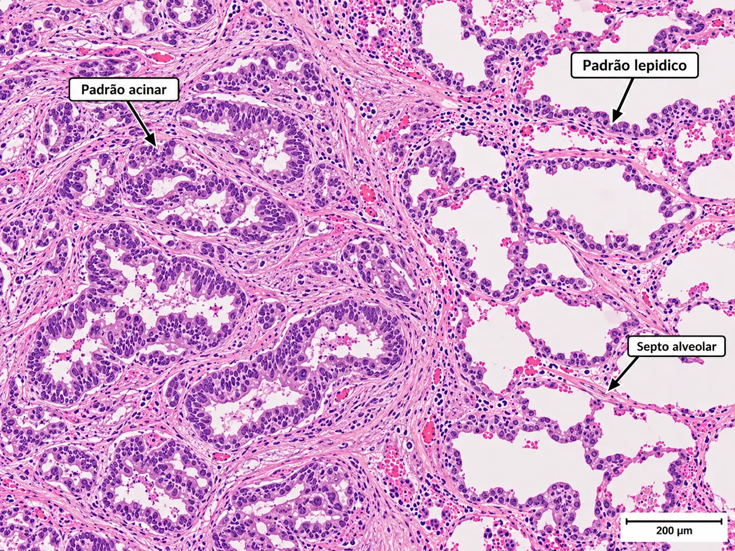 Adenocarcinoma de pulmão com padrões acinar e lepídico, HE