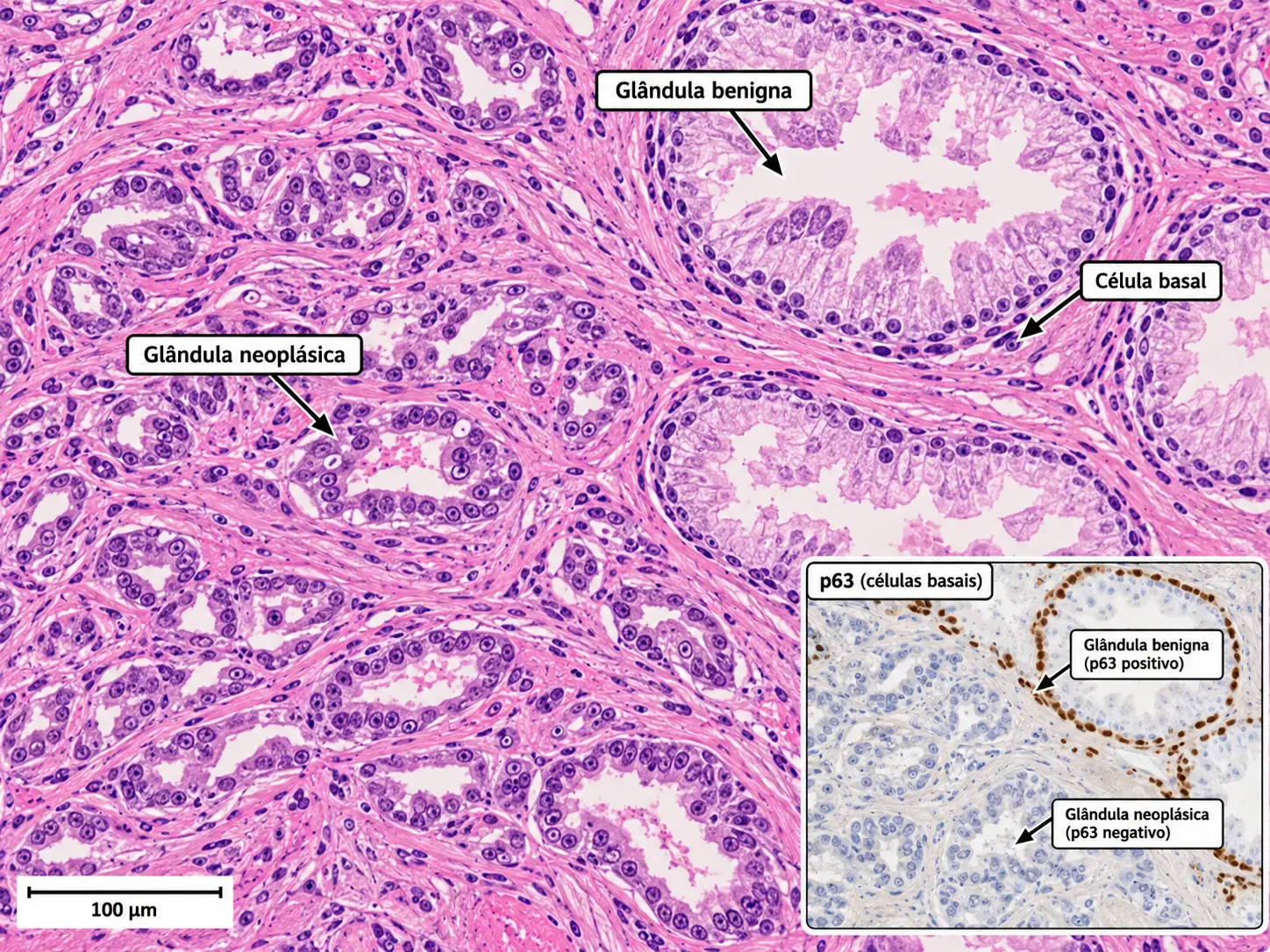 Adenocarcinoma de próstata entre glândulas benignas, HE