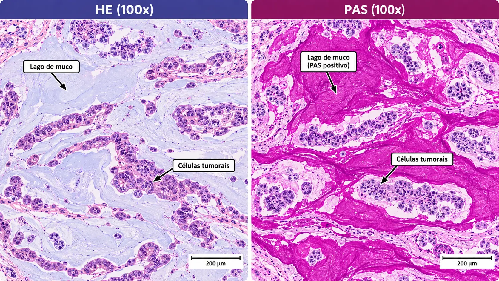 Adenocarcinoma mucinoso com lagos de muco, HE e PAS